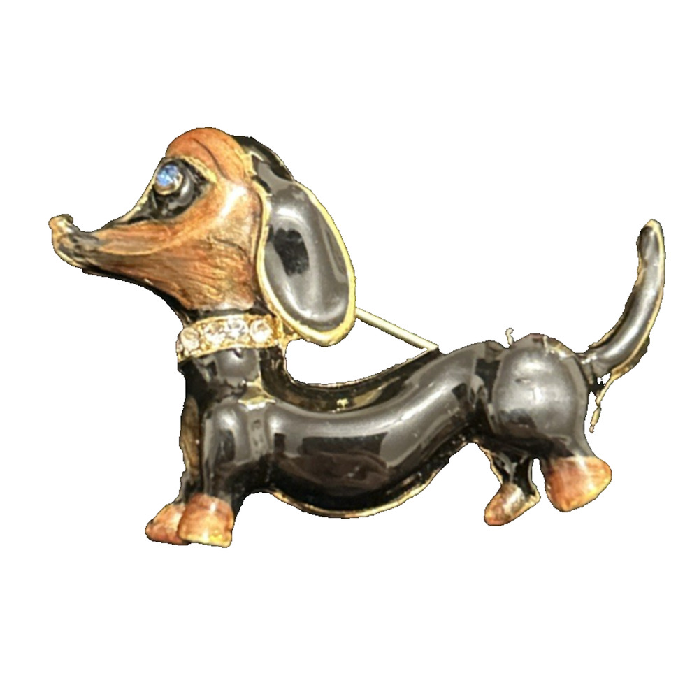 Vintage Enamel Dachshund Brooch Dog Jewelry Black Weiner Dog Rhinestone Collar
